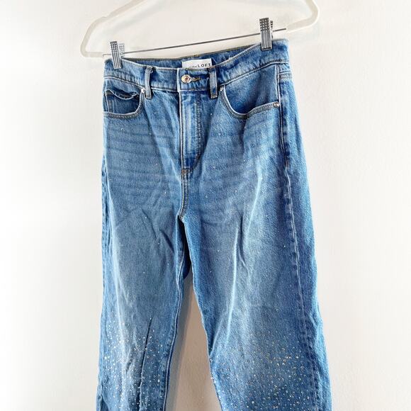 LOFT High Rise Straight Leg Raw Frayed Hem Rhinestone Jeans Blue 2 / 26 - Picture 7 of 10